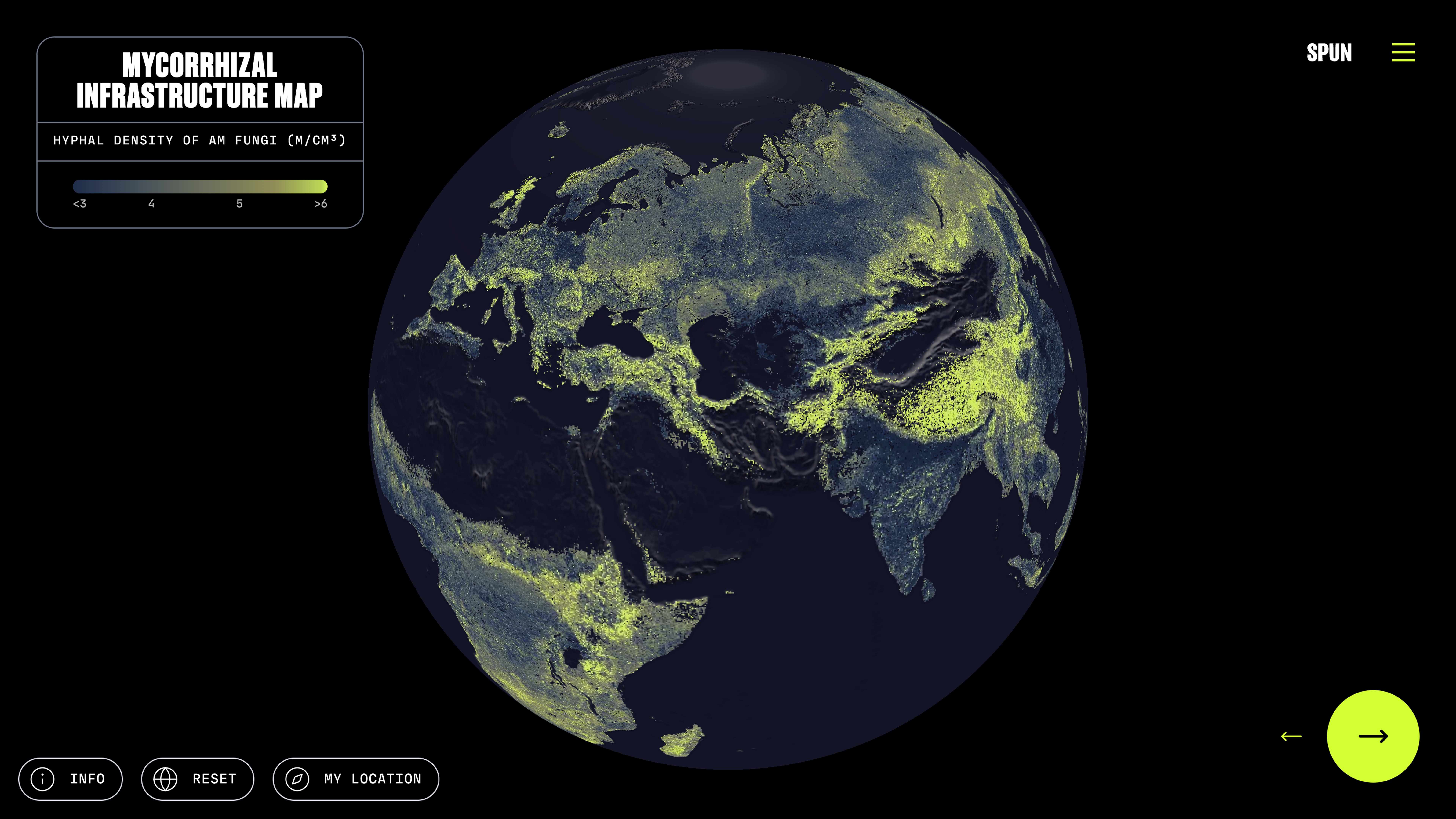 A map of the planet where the landmasses have been color-coded to show the density of fungal networks. The image is centered over Russia and the Black Sea. The are strong yellow areas across the map indicating the denser areas. A map of the planet where the landmasses have been color-coded to show the density of fungal networks. The image is centered over Russia and the Black Sea. The are strong yellow areas across the map indicating the denser areas.